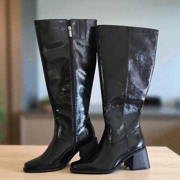 Comfort Est. 1946 Glossy Black Patent Knee-High Boots Block Heel‎ US 9 Wide Fit - Picture 2 of 10